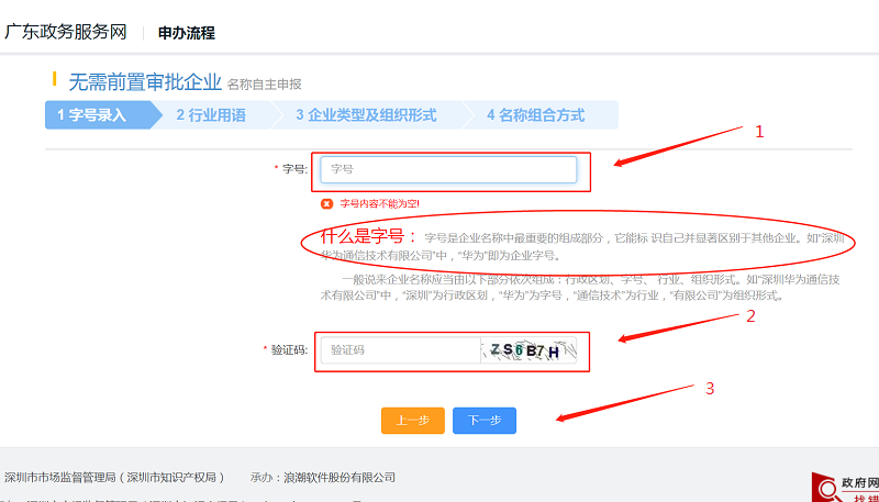根據(jù)實(shí)際情況選擇申報(bào)種類進(jìn)入后，進(jìn)行“字號(hào)錄入”，點(diǎn)擊下一步。